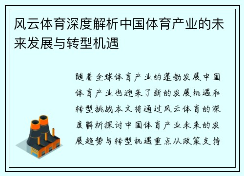 风云体育深度解析中国体育产业的未来发展与转型机遇