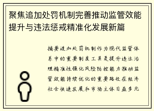 聚焦追加处罚机制完善推动监管效能提升与违法惩戒精准化发展新篇 聚焦追加处罚机制完善推动监管效能提升与违法惩戒精准化发展新篇